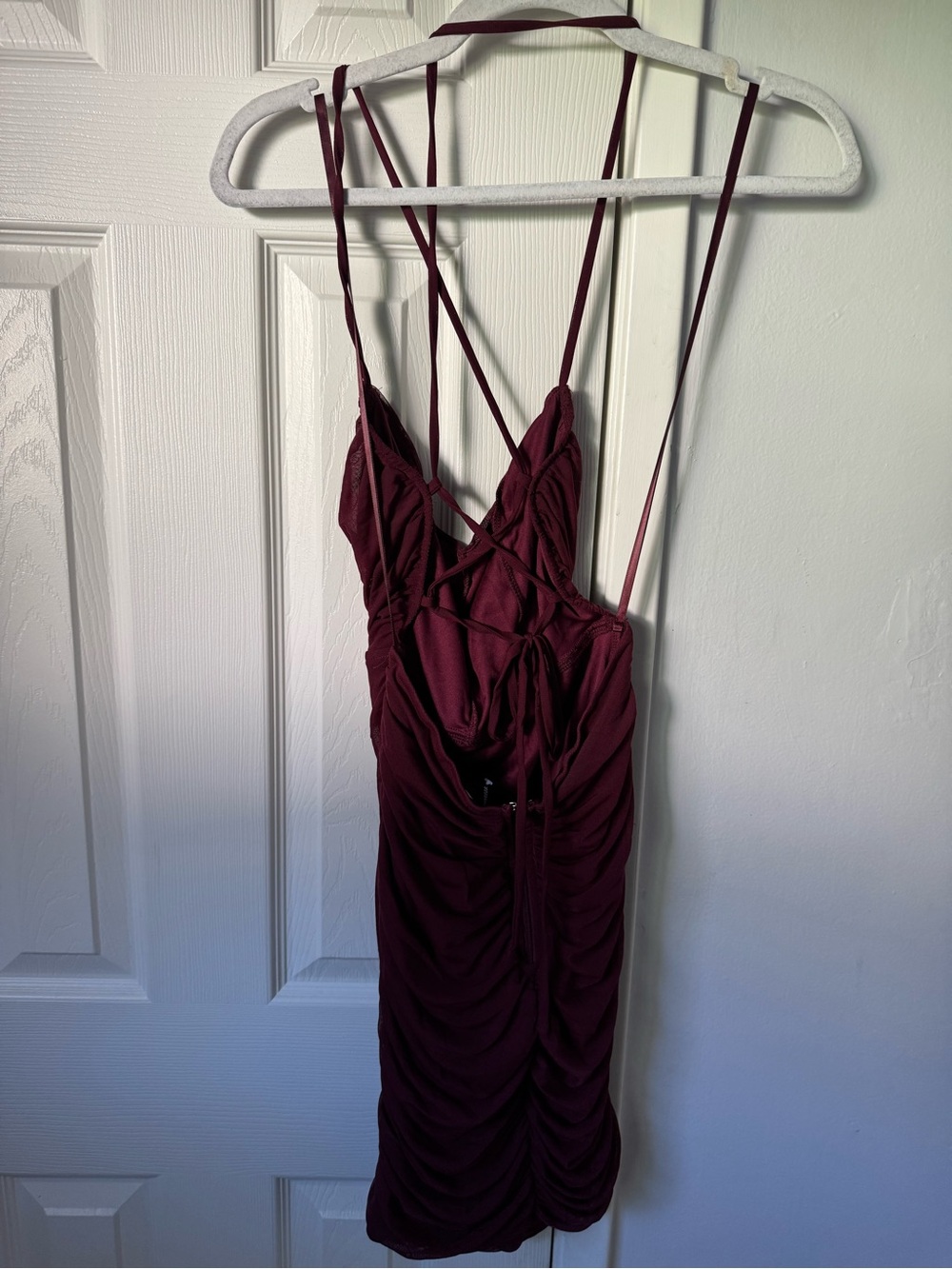 Windsor Large Strappy Ruched Bodycon Dress in Burgundy